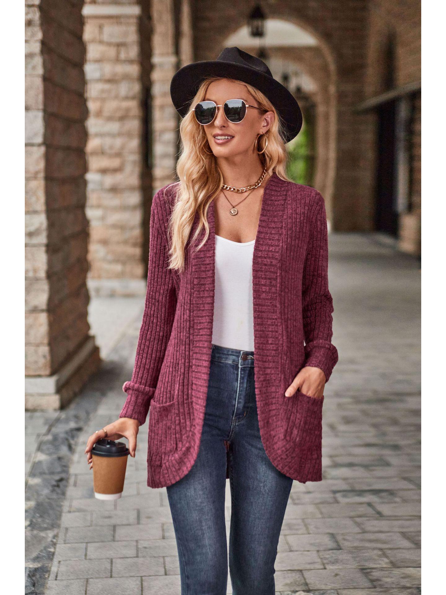 2026 Autumn Striped Solid Color Splicing Long Sleeve Cardigan Jacket S кларет