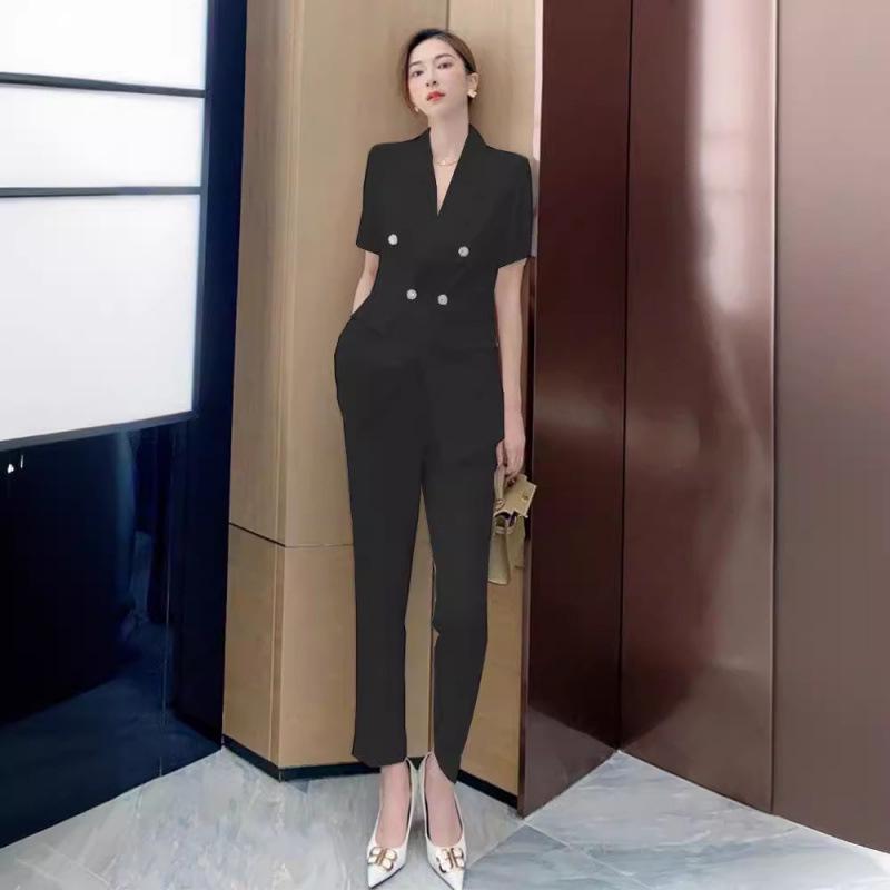 

2239 Summer Plus Size Women s Short Sleeve Suit Set - Two-Piece Nine-Point Slim Fit Pants L Plus чорний