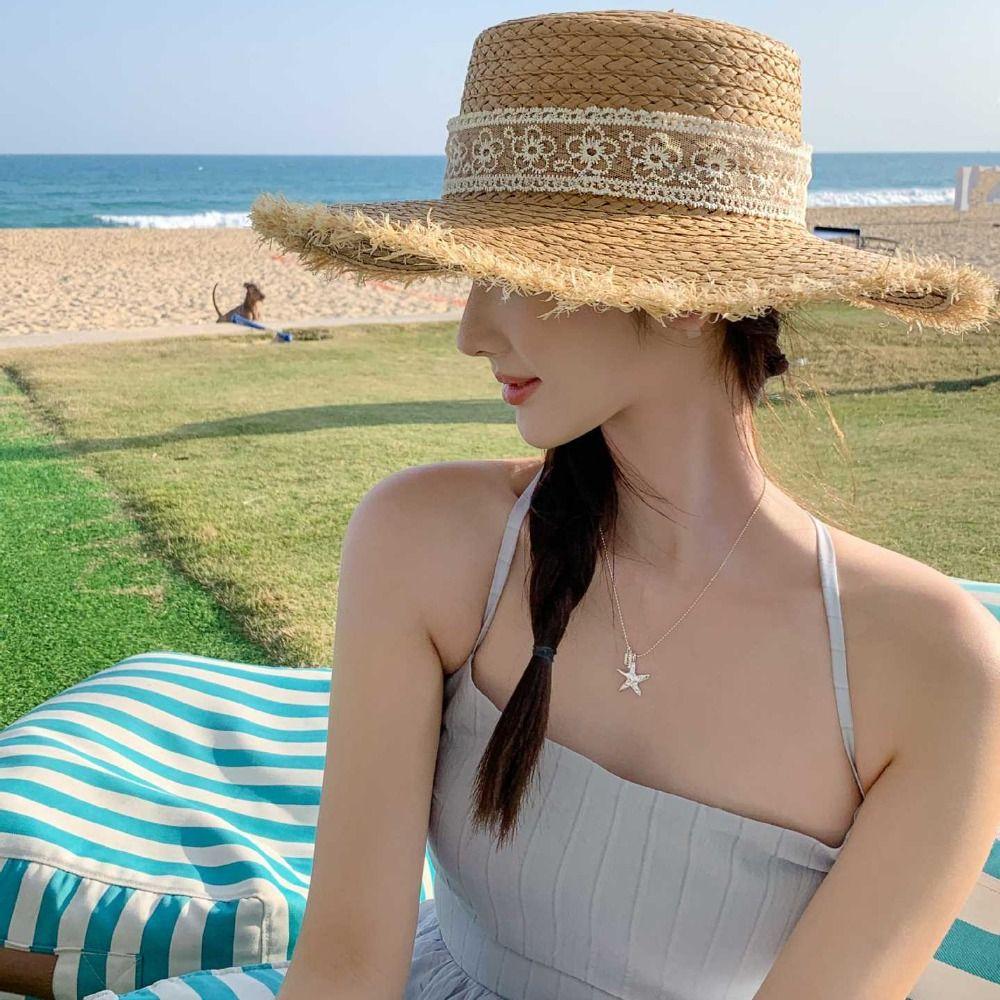 Tassel Edge Weave Flat Cap Wide Brim Women's Sun Hats Casual Lace Flower Straw Hat  Holiday