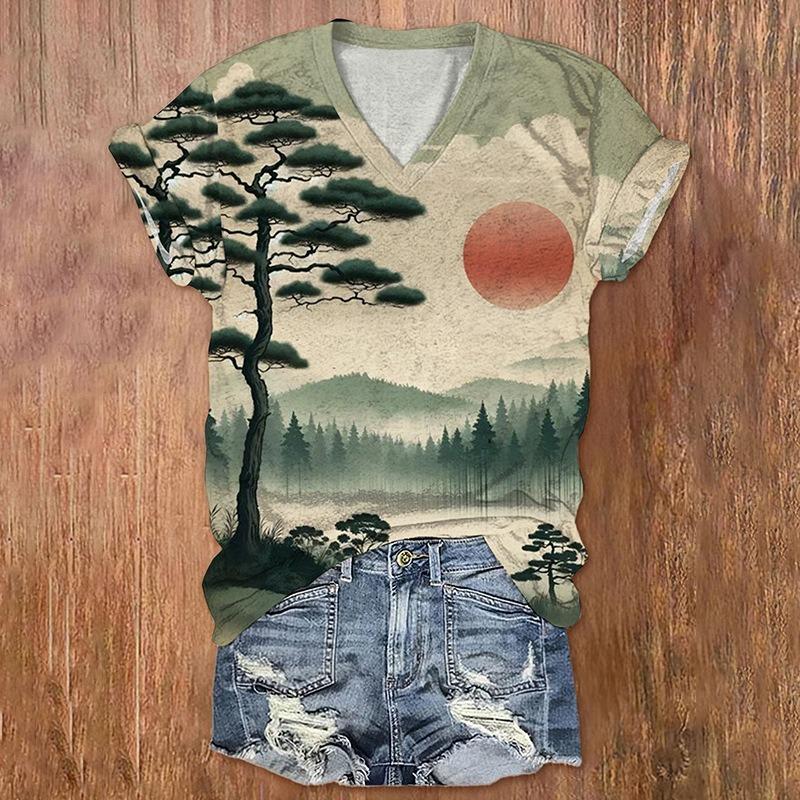 Summer V-neck 3D Flower Printed Top Fashionable Casual Short Sleeved Women's T-shirts