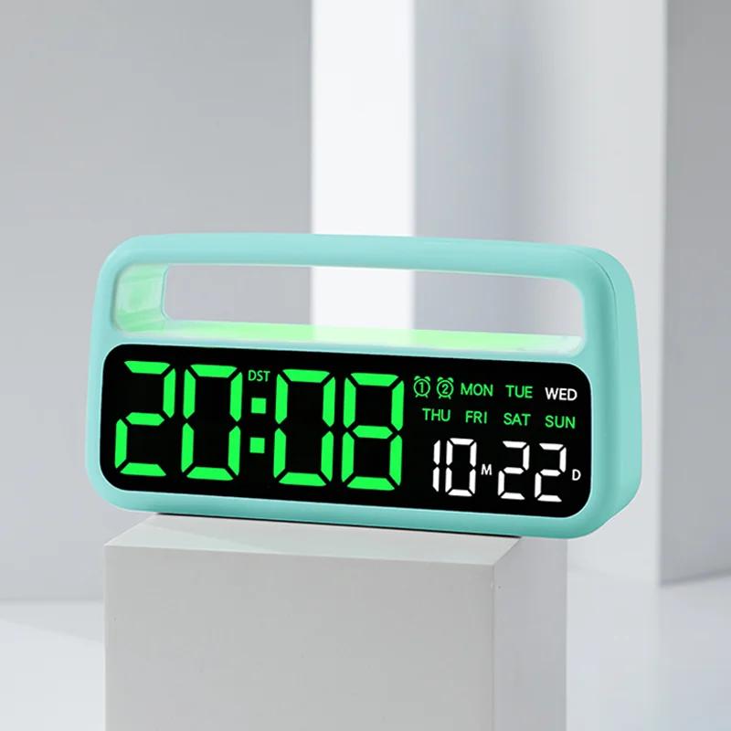 Creative Digital Alarm Clock with Handle Shaped Mood Light LED Table Clock Large Screen Desktop Clock Dual Alarm Week Date DST