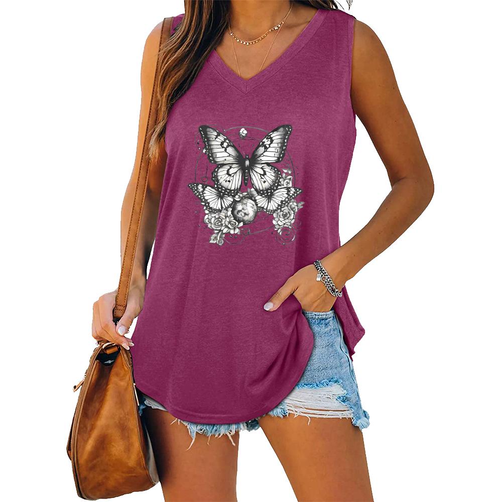 

Летняя мода Принтованная майка Женская Повседневная с V-образным вырезом Без рукавов XXL розы красного