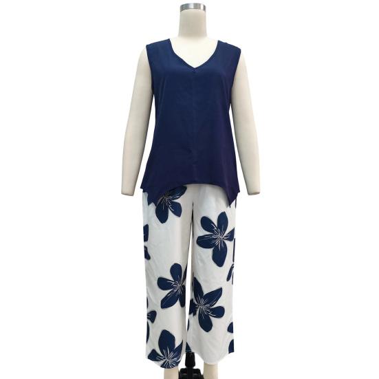 Damskie Zestawy 2-częściowe Plus Size Bez rękawów Dekolt V Top na ramiączkach i Spodnie Cropped w kwiaty Zestaw Letnie Stroje do wypoczynku