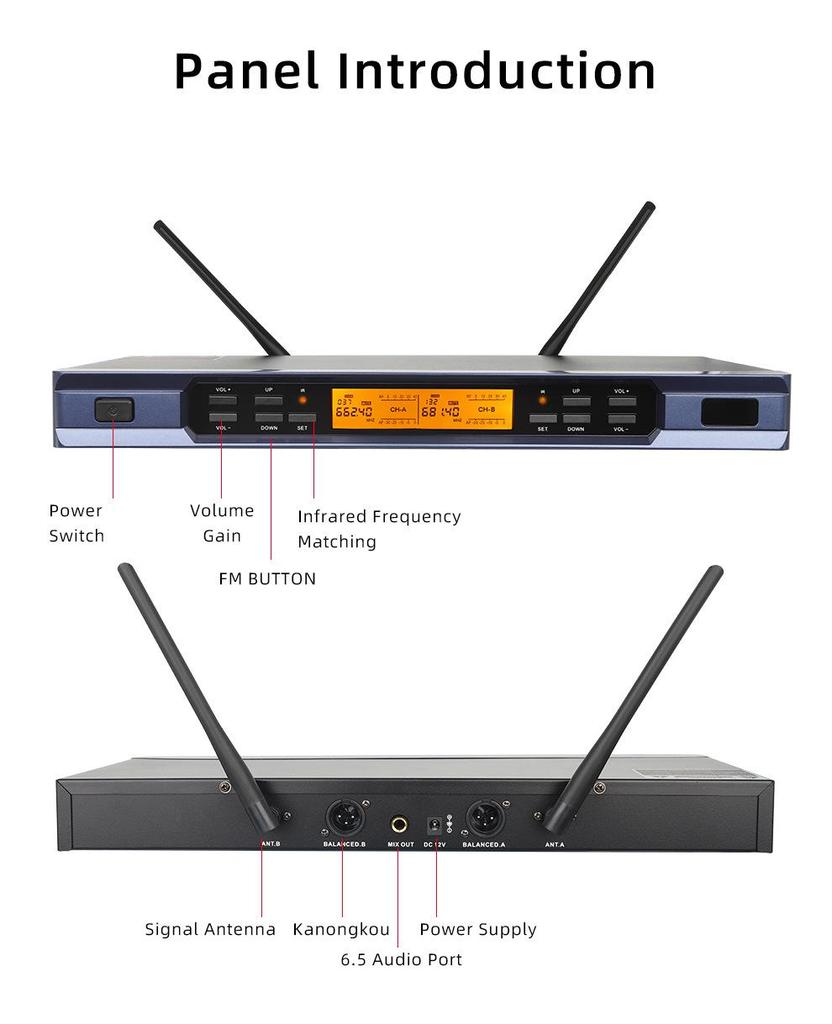 UHF Metal Wireless Microphone with Infrared Frequency Matching for Singing (One-to-Two)