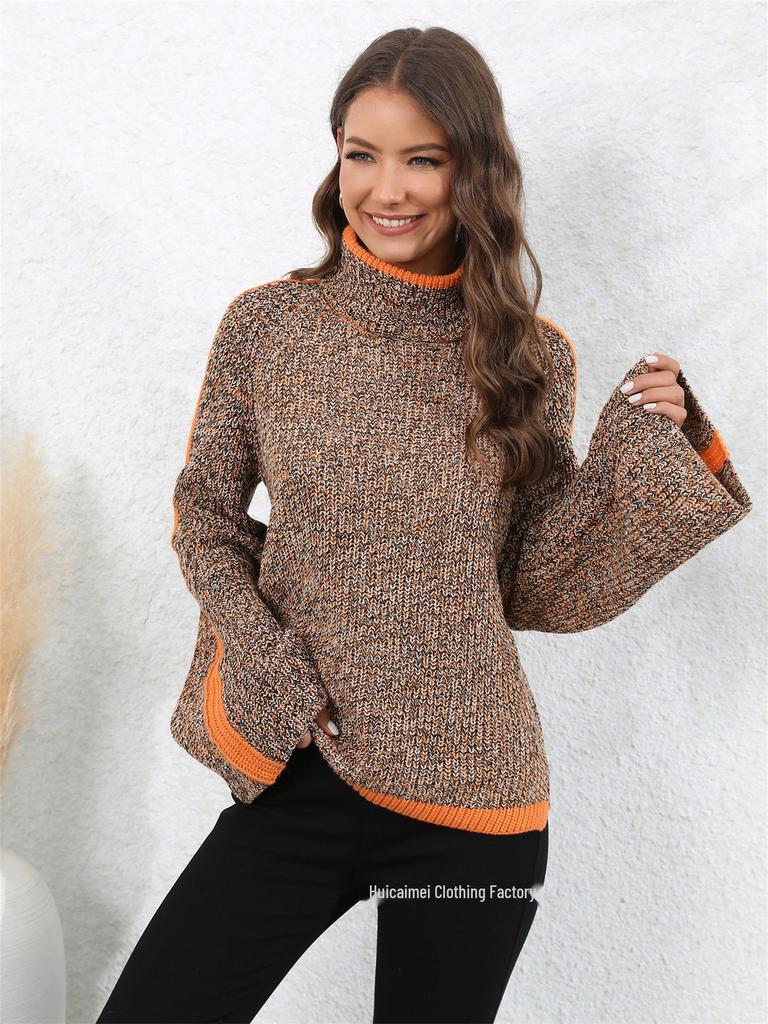2026 Winter Women's High Neck Patchwork Knit Pullover Sweater - Mixed Color European & American Style