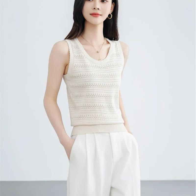 WTEMPO Hollow-out O-Neck Large Size Solid Color Casual Camisole Vests Women's Spring Summer Sleeveless Knitted Tank Tops