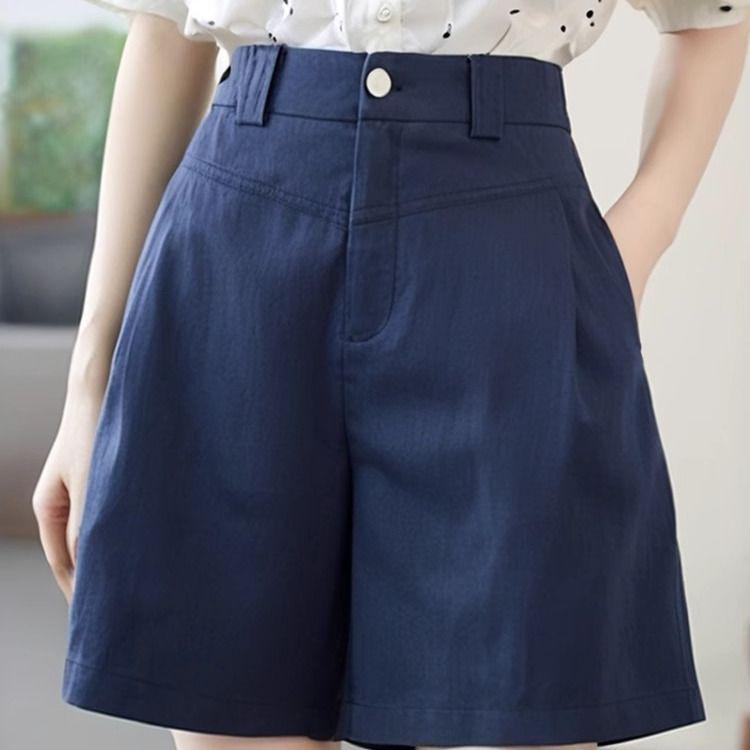 

Plus Size Women s Tencel Linen High-Waist Casual Shorts - Summer 2026, Breathable Slimming Straight Leg, Five-Point Length S (40-45 kg) темно-синий