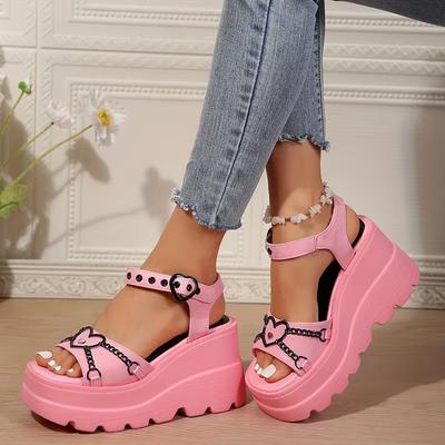 Sandali Donna Estivi con Plateau Gotico Lolita Kawaii Ragazze Lusso Tendenza Punk Casual Spiaggia Zeppe Tacco Rosa Nero Moda 2026 Nuovo
