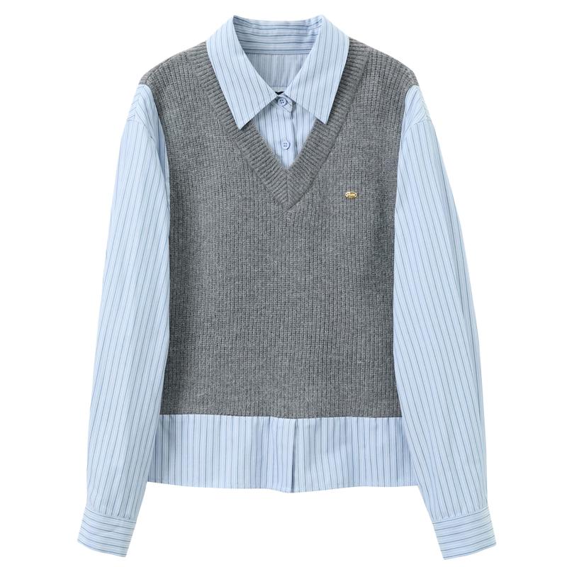 Sancai 2026 Spring Faux Two-Piece Striped Patchwork Pullover Top S