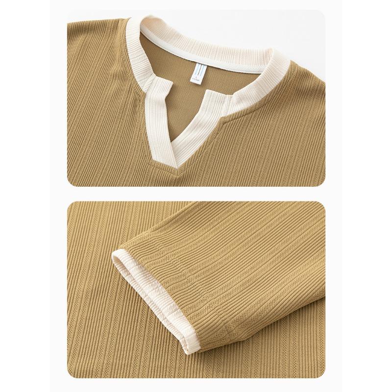 Unisex V-Neck Long Sleeve T-Shirt Loose Fit Contrast Color Casual Ribbed Top