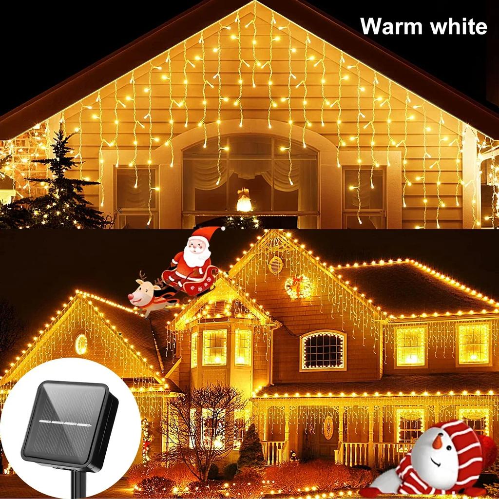 96LEDS Solar Curtain Icicle Light Outdoor Eaves Decor String Lights Garlands Garden Party Yard Christmas Decoration Holiday