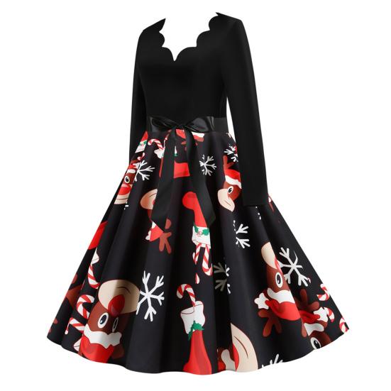 Costume Party Dress Long Sleeve Large Hem Slim Waist Tied Patchwork Dress for Christmas