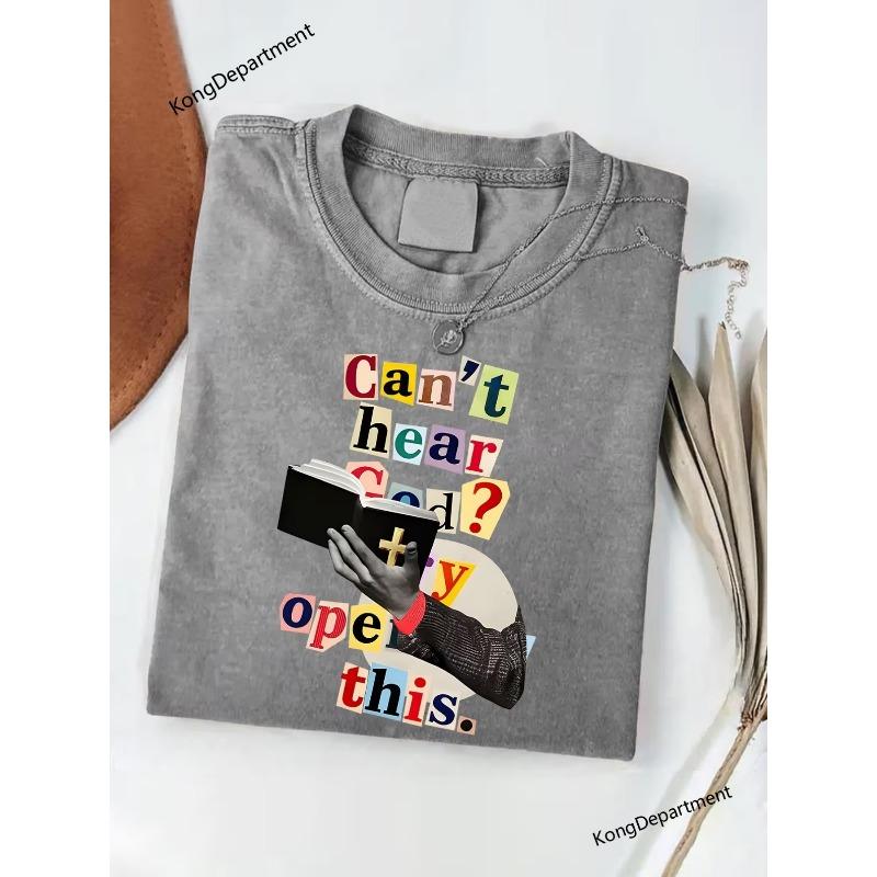 

Vintage Distressed Heavyweight Washed T-shirt, can t Hear God Pattern, All Season Soft and Breathable Round Neck T-shirt, Y2K Millennium Style S серый