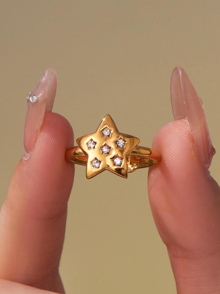 Oumaijia 18k Gold-Plated Geometric Zircon Pentagram Open Ring