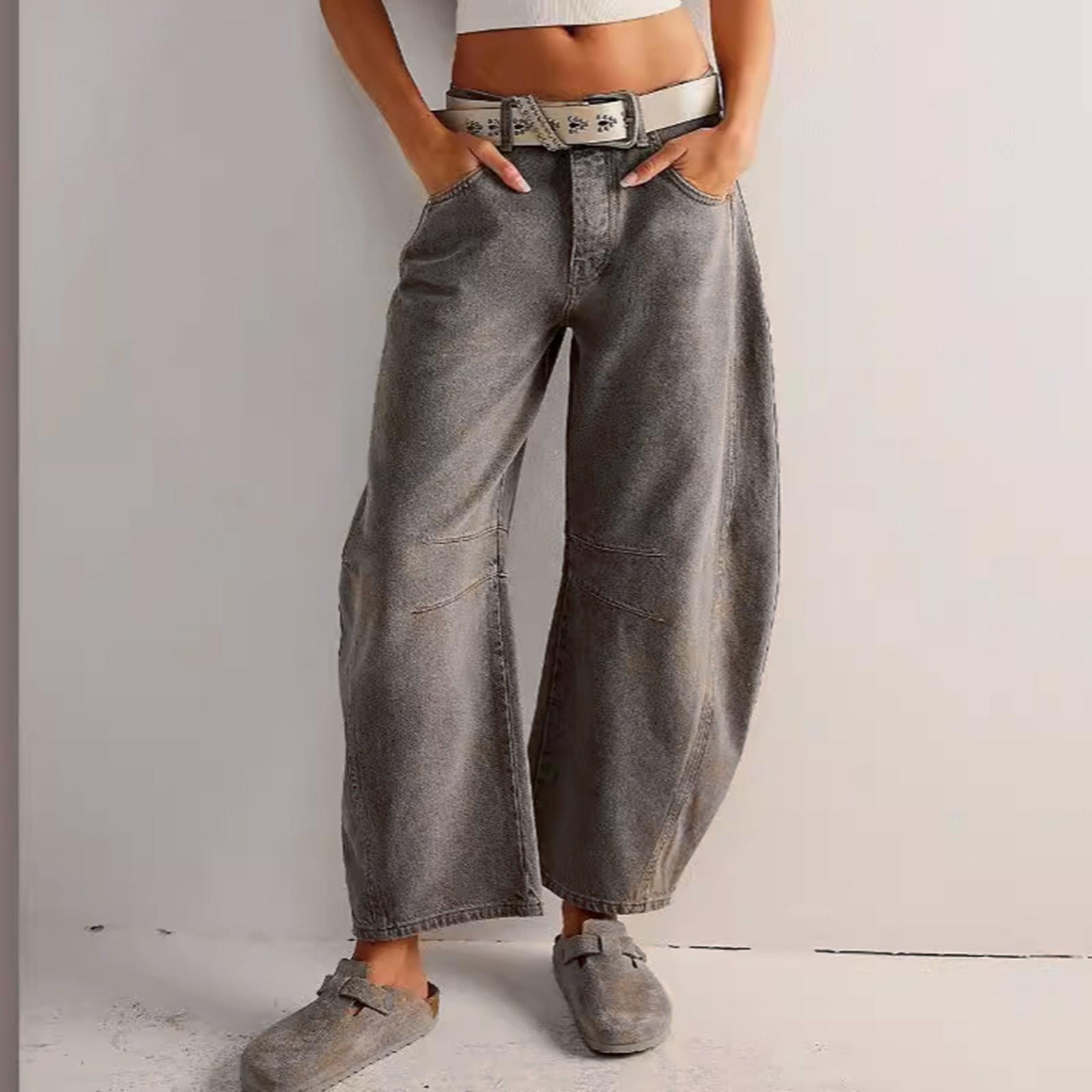 

Женские мешковатые джинсы со средней талией, широкие свободные джинсовые брюки-бойфренды, прямые укороченные джинсы-бочонки XXL верблюд