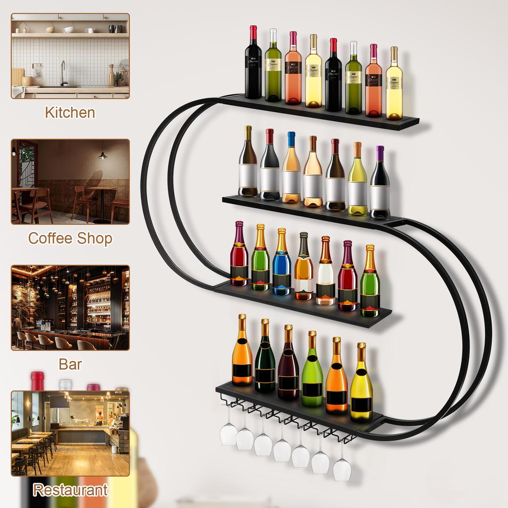 Wall Mounted Wine Rack with Glass Holder Hanging Bar Liquor Storage Rack Metal Bar Liquor Shelves for Home Dining Room & Kitchen