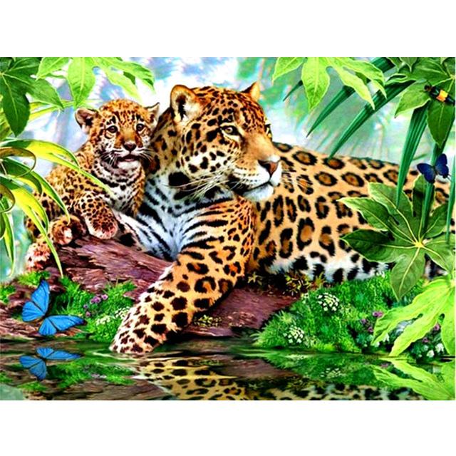 5D DIY Diamantmaleri Leopard Rhinestone Kunstbilde Full Rund Diamantbroderi Dyrebilde Mosaikkdekorasjonssett