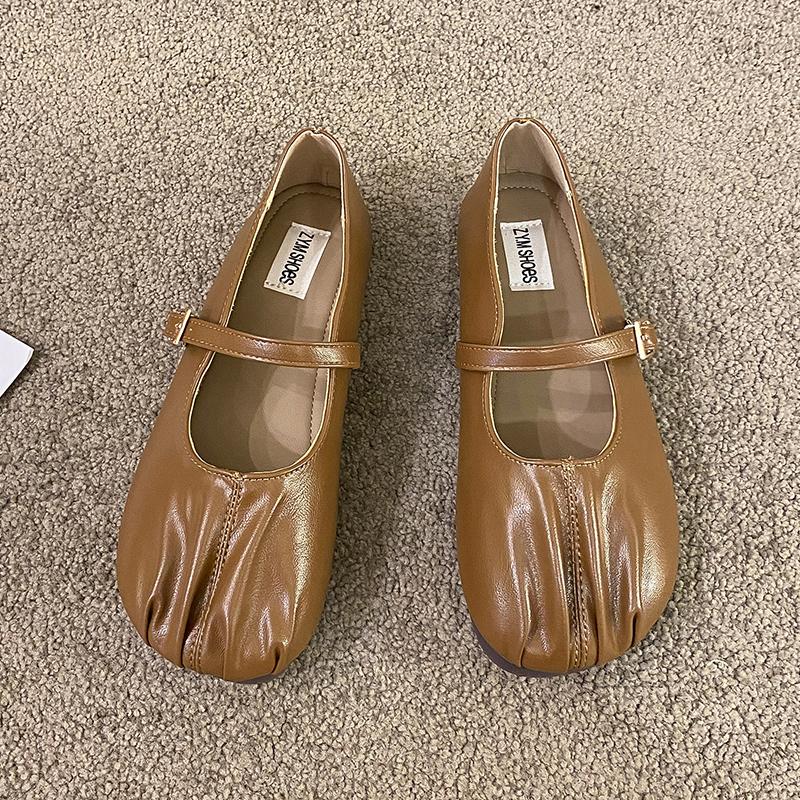 Spring New Flat Shoes for Women Round Head Shallow Mouth Fold Metal Buckle Line with Soft Sole Non-slip Single Shoes