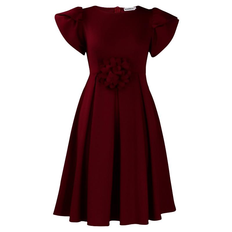 Women Elegant Flower Decoration Solid Color High Waist Short Sleeve Round Neck A Line Midi Dress