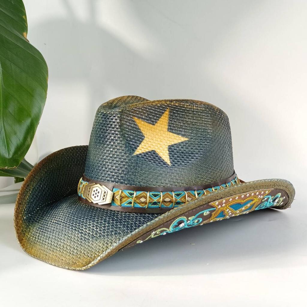 Sombrero de paja estilo western para hombre con hebilla decorativa turquesa sombrero de sol de ala ancha sombrero de vaquero de playa de verano para mujer