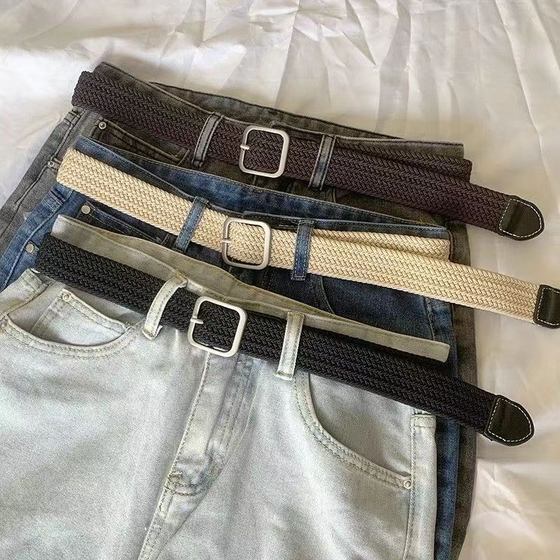 1Pc Woven Jeans Women's Men's Canvas Belt Women's Versatile Elastic Lazy Black Versatile Premium Belt