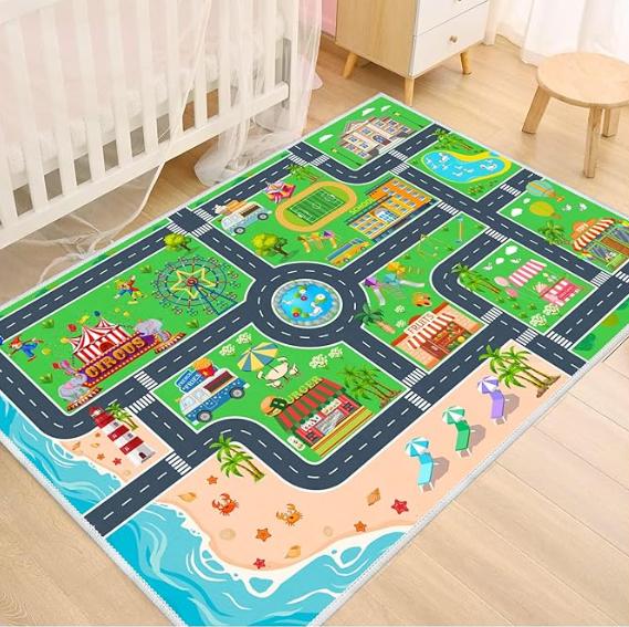 Kids Carpet Playmat Car Rug Car Kids Toy Cars and Train Non Slip Play Mat Kids Room City Life Educational Road Traffic Carpet