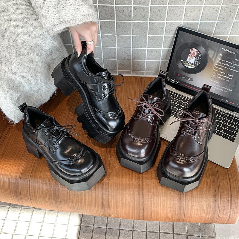 Thick-soled Small Loafer Single Shoes Women's 2025 Spring Lace-up Thick-soled Muffin British Style Small Leather Shoes Thick-heeled Single Shoes