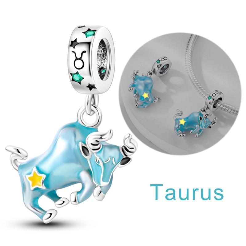 Twelve Constellations Star Sign Copper Vintage Zodiac Beads Fluorescent Charms Fit Original Bracelet