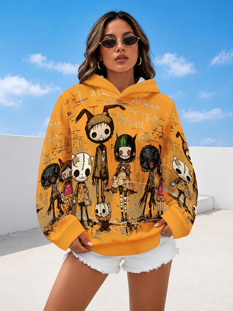 Lazy Women's Hoodie with Scary Cartoon Characters On Hoodie Women's Hooded Pullover Sweatshirt Fashionable Top