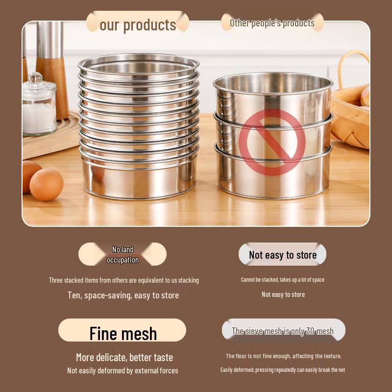 Stackable Stainless Steel Handheld 40 Mesh Fine Flour Sieve Baking Tool