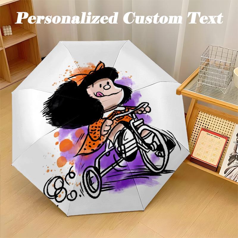 8‑Rib Automatic Umbrella, Mafalda Design Foldable Umbrella for Sun Rain Protection Travel