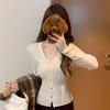 Korean Gentle Wind V-Neck Lace Splicing Bottom Shirt Women's Autumn Pure Desire with Waist Knitted Cardigan Top
