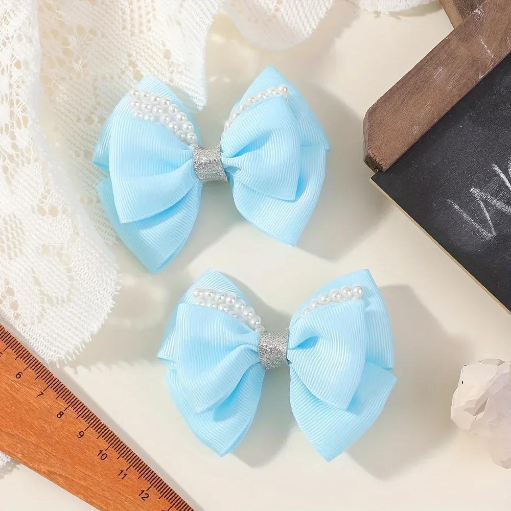 2Pcs 3.34inch Kids Bows Pearl Ribbon Hair Clips for Baby Girls Boutique Delicate Bowknot Barrette Palace Princess Style Headwear
