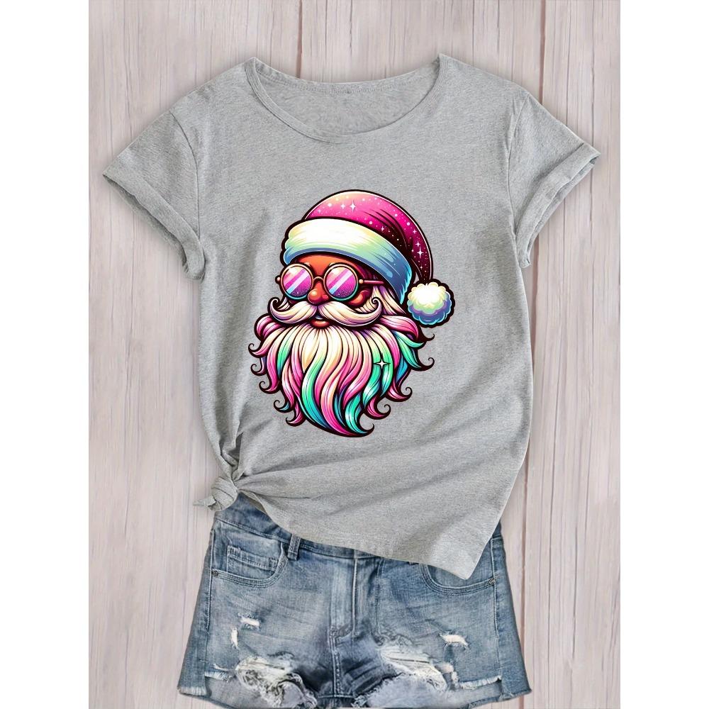 Holiday Santa Claus Pattern Printed T-shirt Women's Sleeves Aesthetic Clothing
