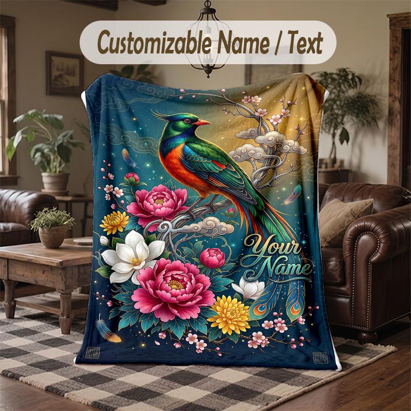 Beetle Floral Garden Theme Throw Blanket Custom Name Text Personalized Blanket Soft Cozy Blanket for Home Sofa Bed
