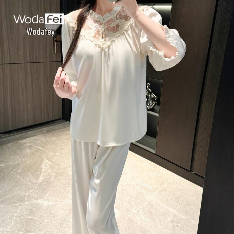 Elegant Ice Silk Lace Trim Pajamas - Thin, Breathable, Long Sleeve Pullover for Spring XL бежевый