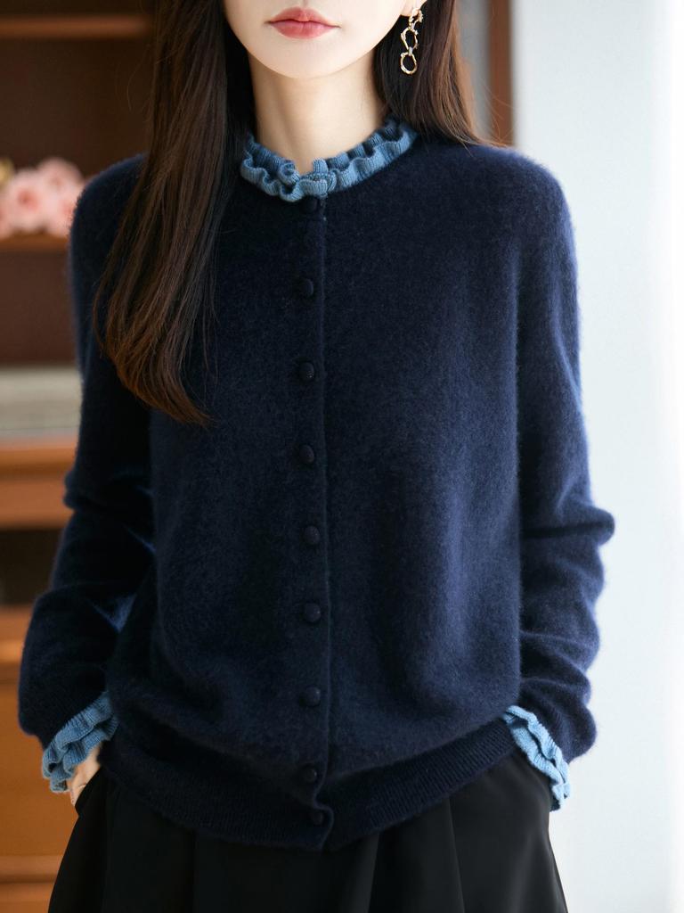 Women's Stylish Color Block Lace Knit Cardigan Sweater with Wood Ear Details and Button Closure for Fall and Winter
