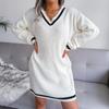 Women Fall Winter V Neck Long Sleeve Solid Color Sweater All Match Knit Dresses