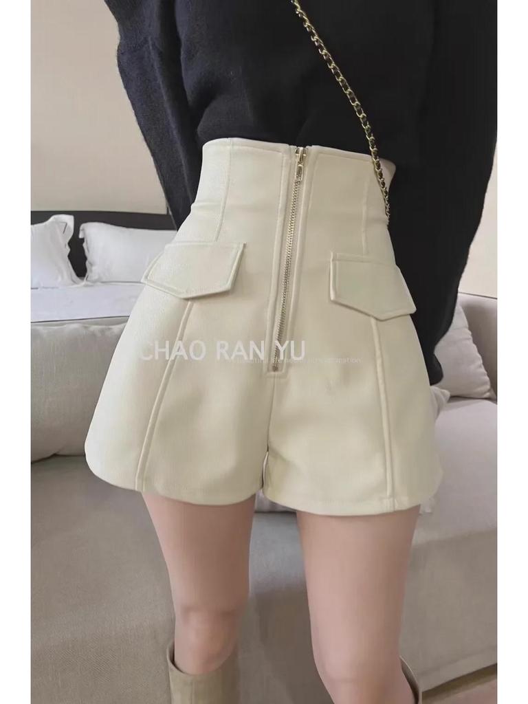 Women's High-Waist PU Leather Shorts, Autumn/Winter, Slim A-Line Wide-Leg Pants, Korean Style with Zipper.