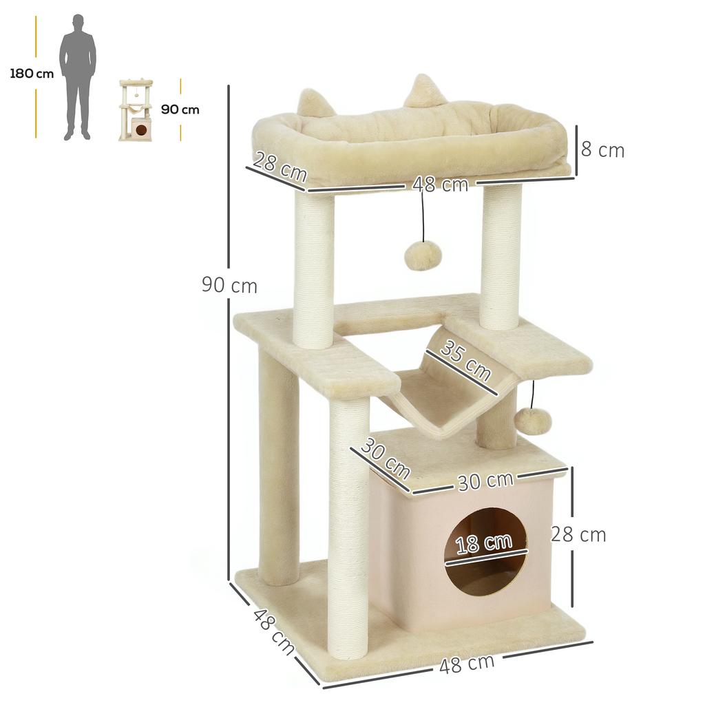 Cat Tree 90cm Cat Tower With Sisal Scratching Posts Cat Condo Hammock Top Perch And 2 Hanging Toys For Cats Beige