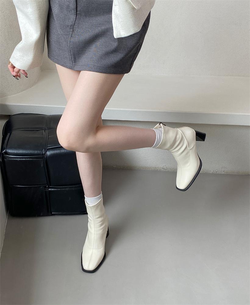 

Короткие кожаные ботильоны на толстом каблуке с квадратным носком, женские осенние одинарные ботинки, новые ботильоны в стиле интернет-знаменитости, со средней голенью, корейская версия 40 абрикосовый