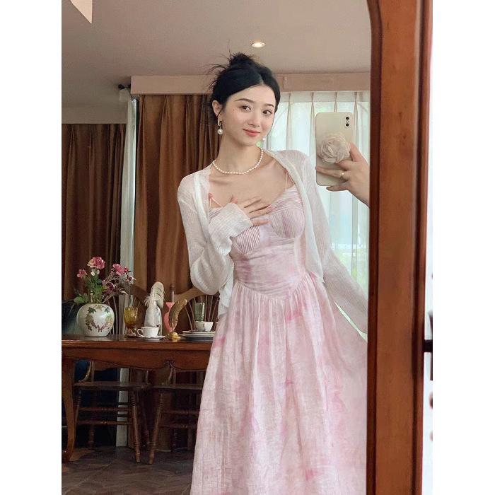 Floral Tie-Dye Spaghetti Strap Midi Dress - Southeast Asian Trendy Style M