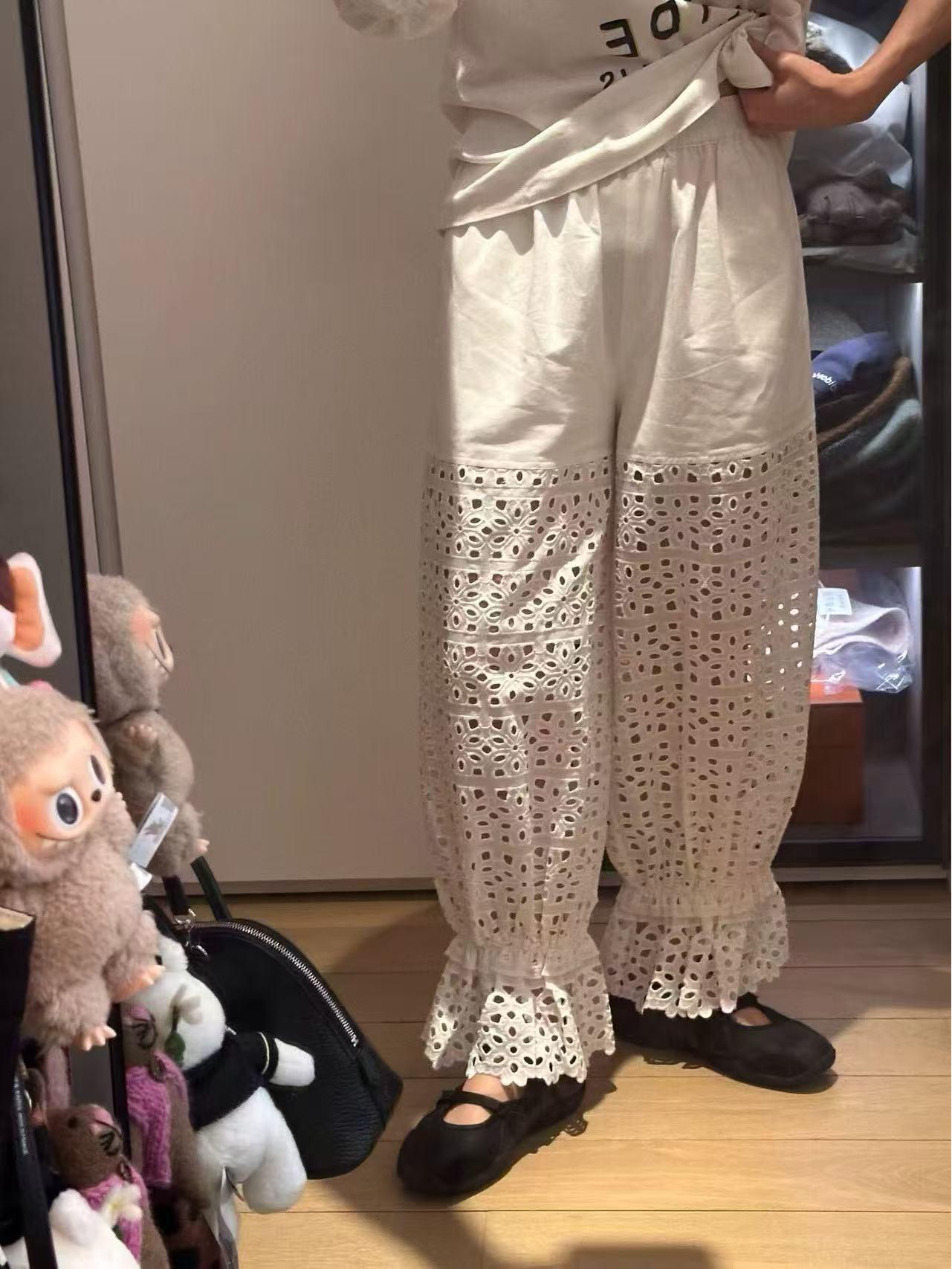 French Style 2026: White Lace Embroidered Loose T-shirt & Long Pants Set for Women 38 (L)