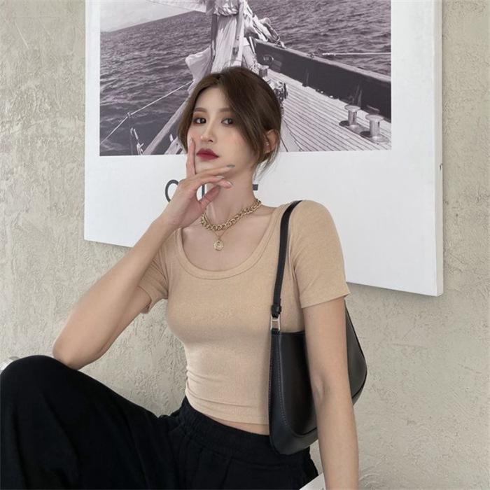 Women's Slim Fit U-Neck Short Sleeve Top - Trendy Low Cut Collarbone Style