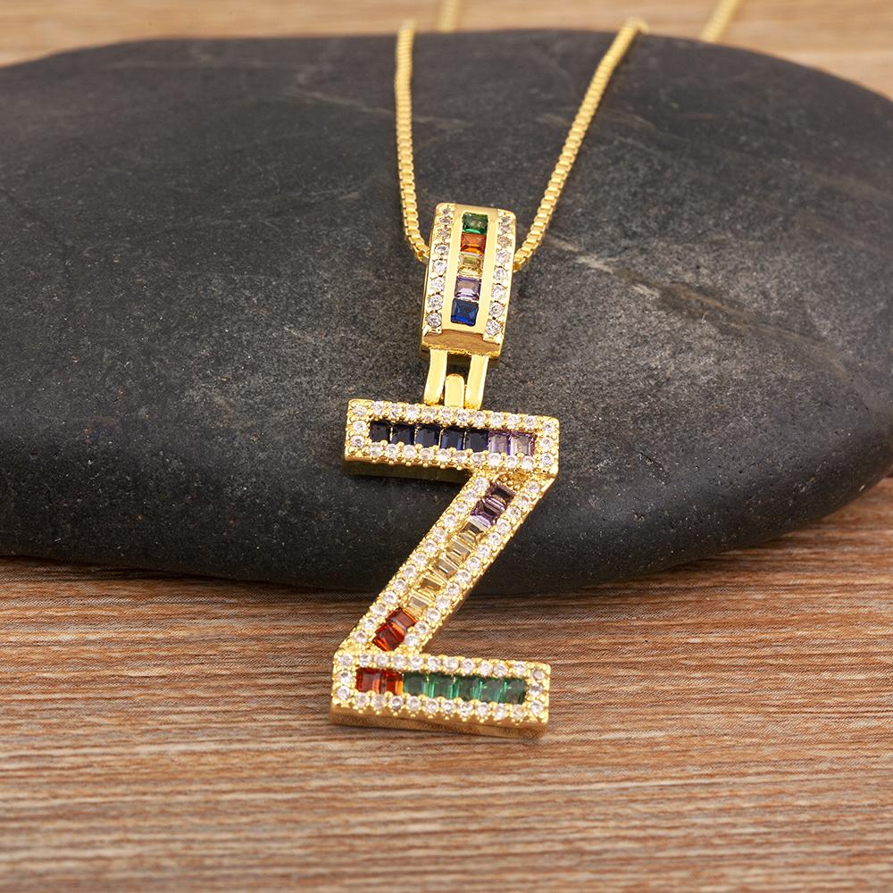 Nidin Simple Fashion 26 A-Z Letters Alphabet Rainbow Cubic Zirconia Pendant Necklace For Women Men Hip-Hop Style Copper Jewelry