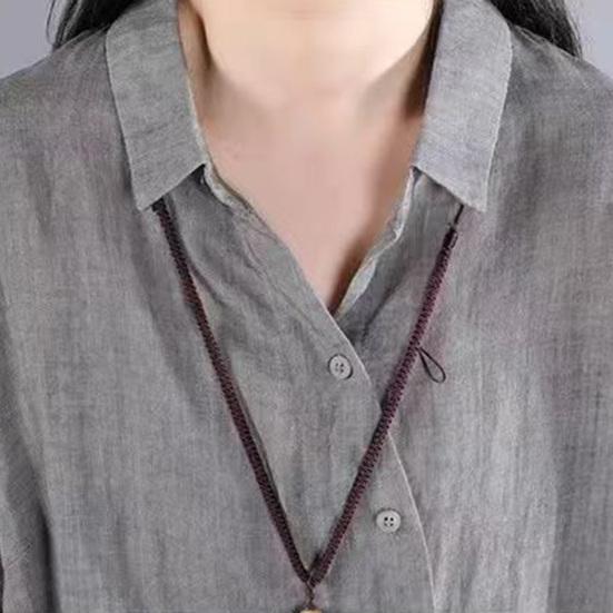 Women Shirt Lapel Long Sleeve Single Breasted Shirt Tops Irregular Hem Solid Color Mid-length Leisure Shirt
