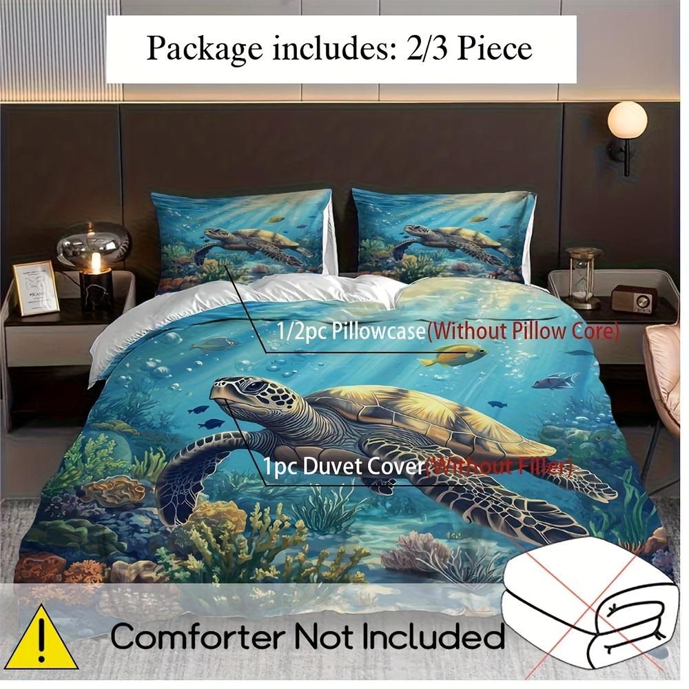 2/3pcs Blue Ocean Turtle Print Duvet Cover Set (1 Duvet Cover + 1/2 Pillowcase, Without Core), Underwater World Fish Coral