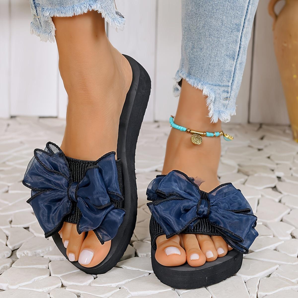 

Жіночі сандалі з декором у вигляді бантика, сліпони, легкі пляжні шльопанці, нековзке взуття на плоскій підошві для відпустки(Замовляйте на більший розмір) 38 темно-синього кольору