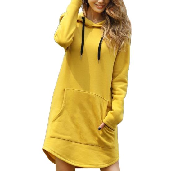 Casual Women Autumn Winter Long Sleeve Pocket Drawstring Loose Hoodie Mini Dress