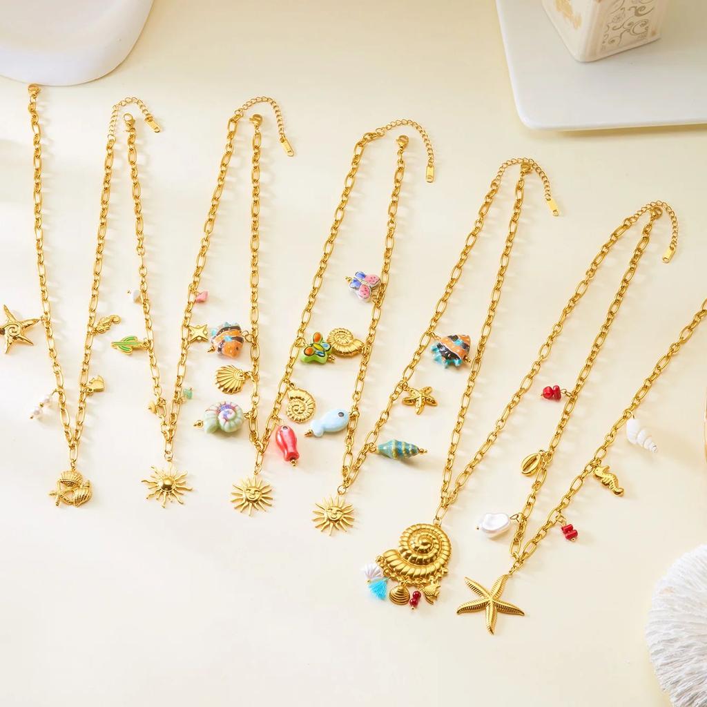 Fashion Stainless Steel Metal Conch Necklaces for Women Cute Shell Tassel Ceramic Fish Necklaces Party Daily Jewelry Gifts